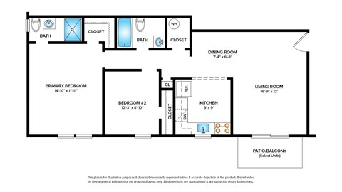 Floor plan for 2 beds, 2 baths, 859 sqft